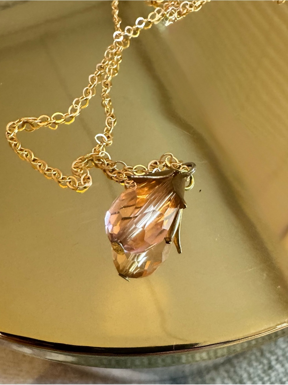 Vintage Like Delicate Gold Toned Necklace w/ Champagne Quartz Teardrop Pendant